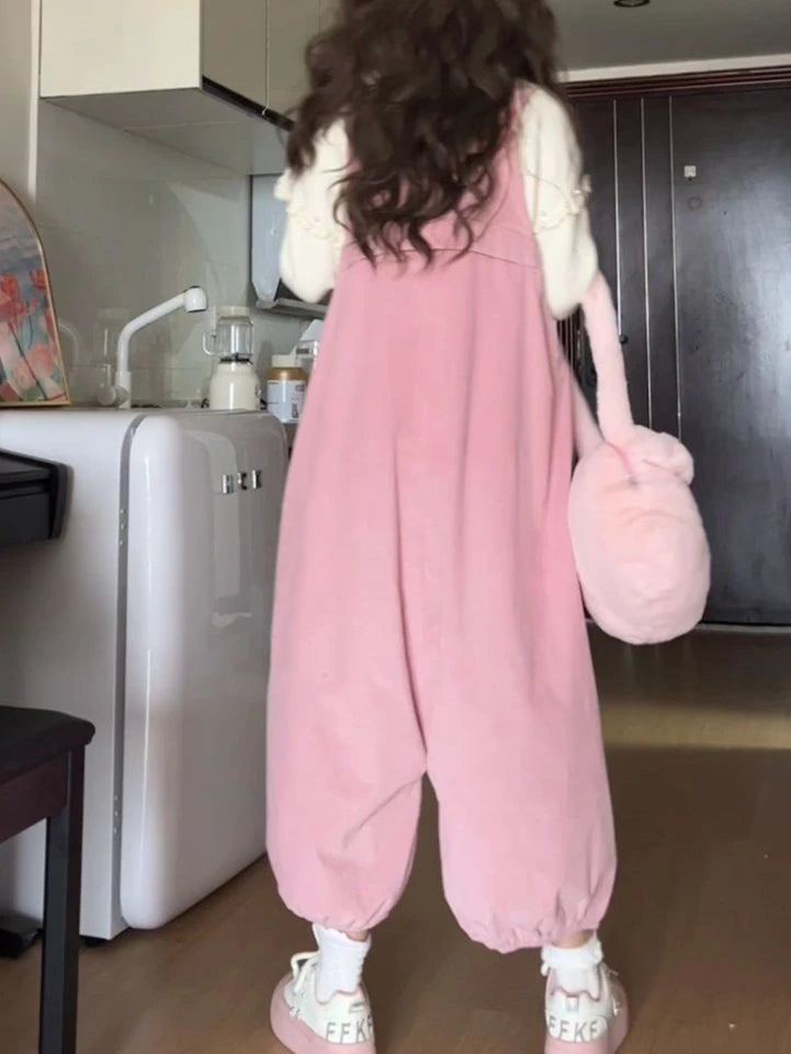 Sweet Kawaii Casual Pink Fashion Harajuku Cargo Harem Pants Women Bow Girls Overalls Streetwear Vintage Cute Jumpsuit