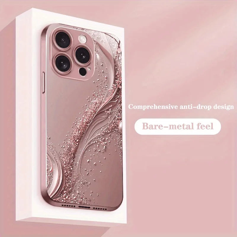 Pink Golden Ripple Pattern Metal Paint Tempered Glass Phone Case For iPhone 17 16 15 14 13 12 11 Pro Max Plus 16E 17Air Cover