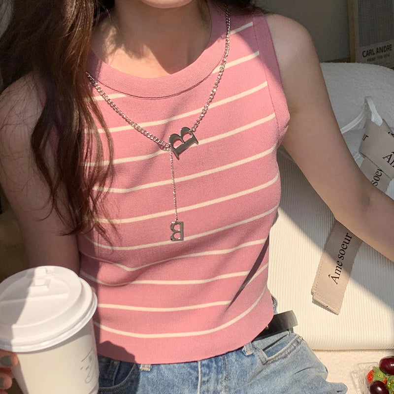 AOSSVIAO 2026 New Waistcoat Women Wear Striped Wide Edge Temperament Summer Top Short Knit Sleeveless Bottom Shirt