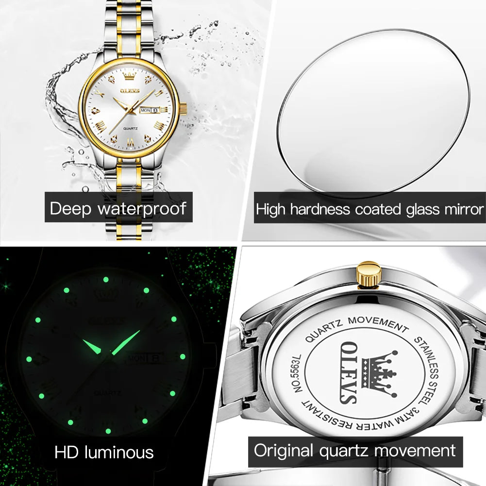OLEVS 5563 Women Watch Original Waterproof Luminous Quartz Watch Zircon Scale Reloj Dual Calendar Display Watches For Women
