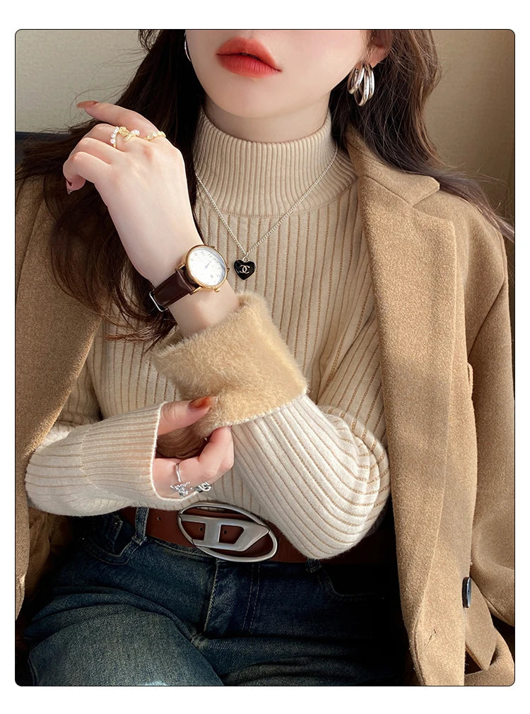 Women's Turtleneck Sweater Winter 2026 Retro with Velvet Lining Thickened Inner Wear Thermal Knitting Bottoming Shirt Pullovers