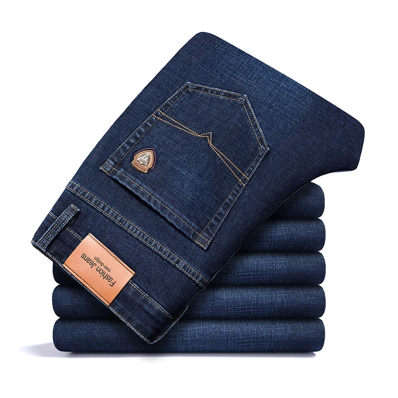 SHAN BAO 2022 autumn spring fitted straight stretch denim jeans classic style badge youth men's business casual jeans trousers