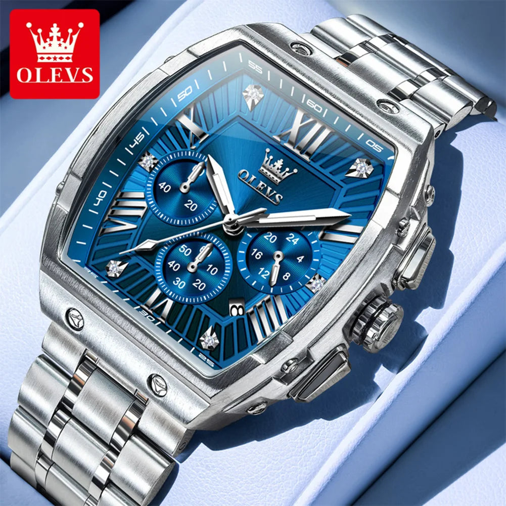 OLEVS 5639 Mens Watch Original Business Tonneau Quartz Watch Stainless Steel Waterproof Luminous Sports Date Watches New