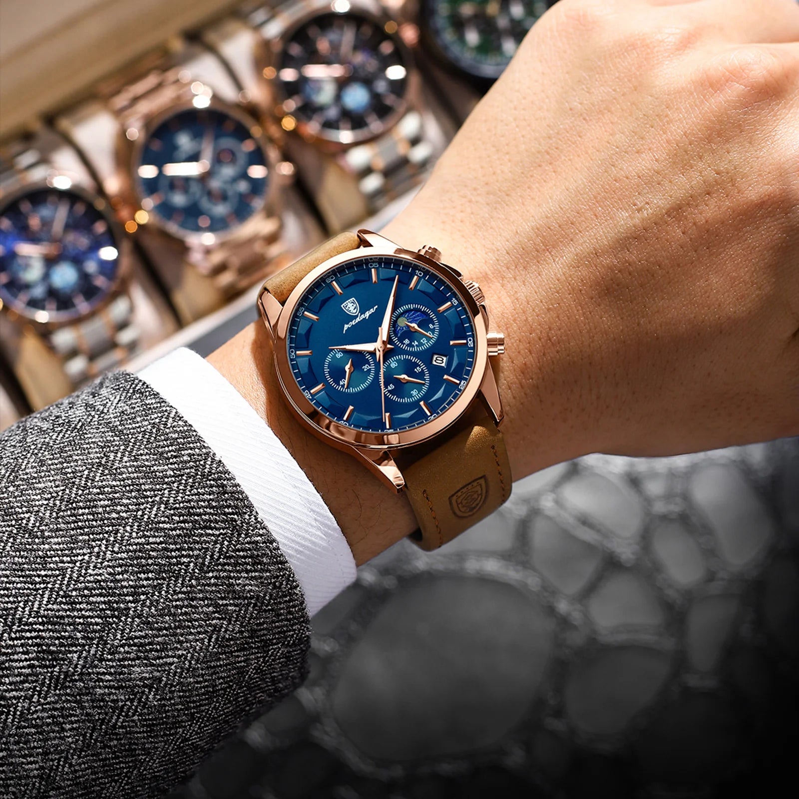 POEDAGAR Luxury Business Man Watch Waterproof Chronograph Luminous Date Male Wristwatch Leather Fashion Men's Quartz Watches+Box