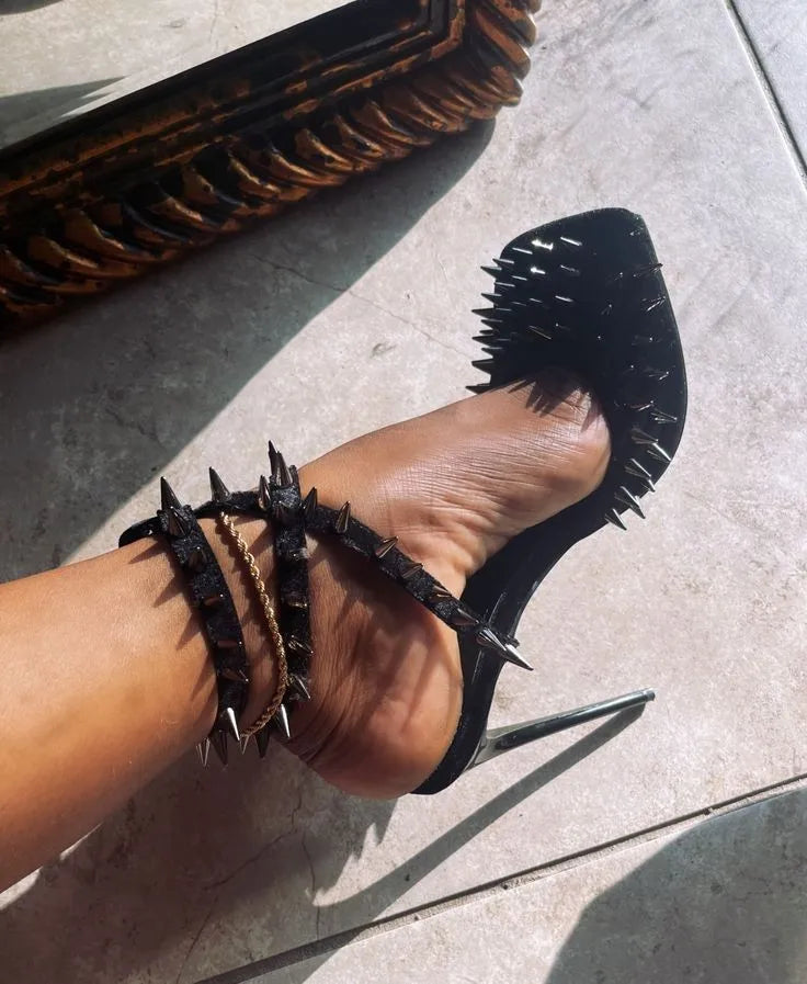 Metal Rivets Square Toe Stiletto Sandals Buckle Strap Suede Studded High Heels Summer Women Shoes Elegant Sandalias De Mujer