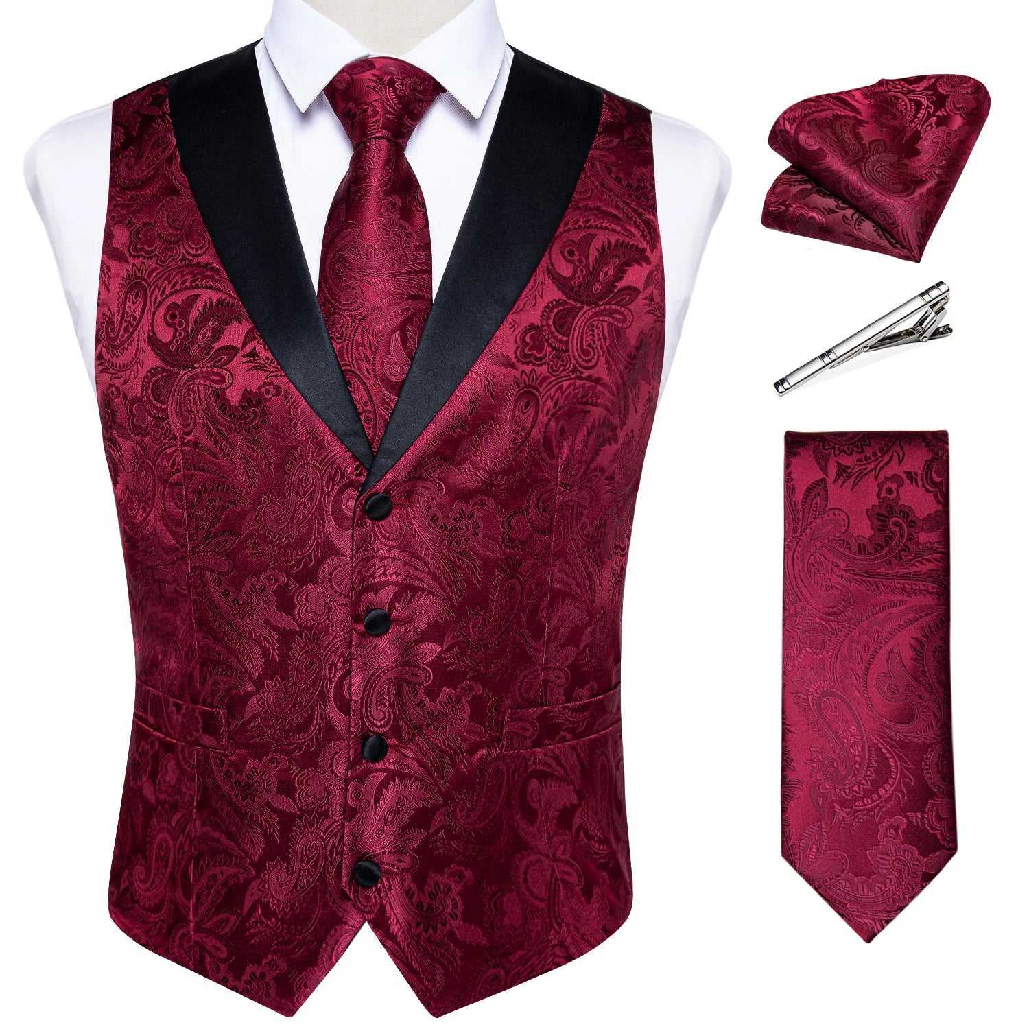 Suit Vest Set For Men Wedding Luxury Gray Paisley Dress Vests Necktie Clip Cufflinks Handkerchief Male Sleeveless Waistcoat Gift