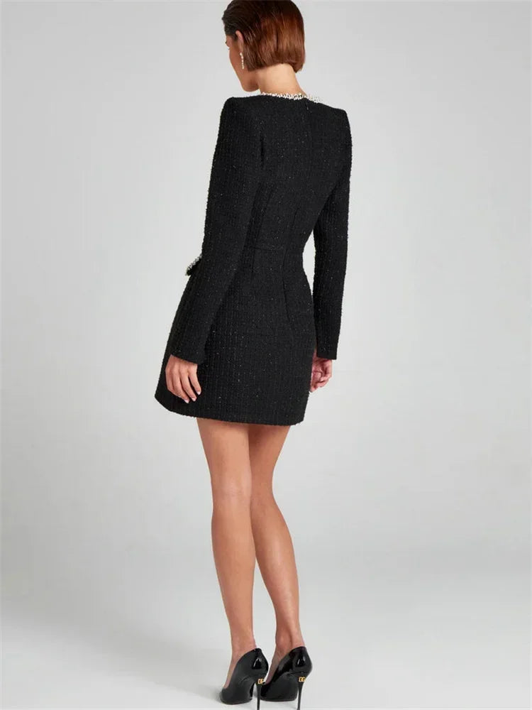 2025 Elegant Fashion Mini Dress For Women Shiny Long Sleeve Commute Pocket Clothes Female Square Collar Glitter Dress
