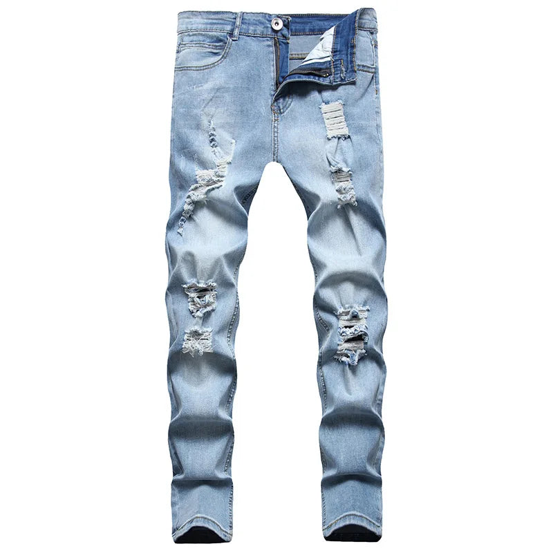 Men Fashion Street Style Ripped Skinny Jeans Men Vintage Wash Solid Denim Trouser Mens Casual Slim Fit Pencil Denim Pants 4XL