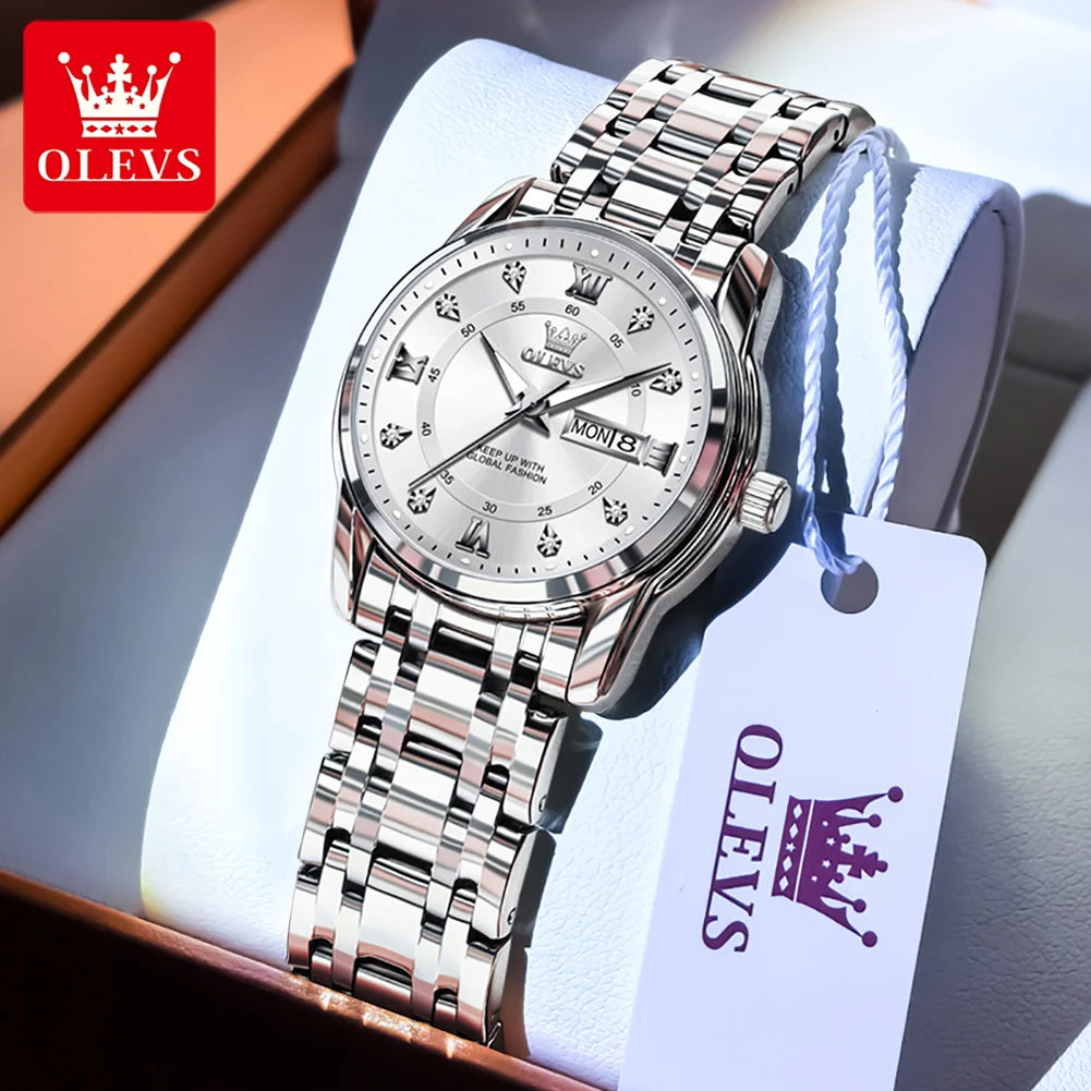 OLEVS 5513 Woman Watch Luxury Diamond Scale Dual Calendar Stainless Steel Strap Waterproof Watches Elegant Ladies Wristwatcheses