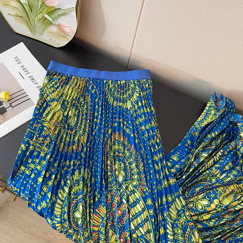 Bohemian Print Beach Skirts Female High Waist Flowy A-Line Pleated Maxi Skirt for Vacation Resort Wear & Spring Fall Fashion