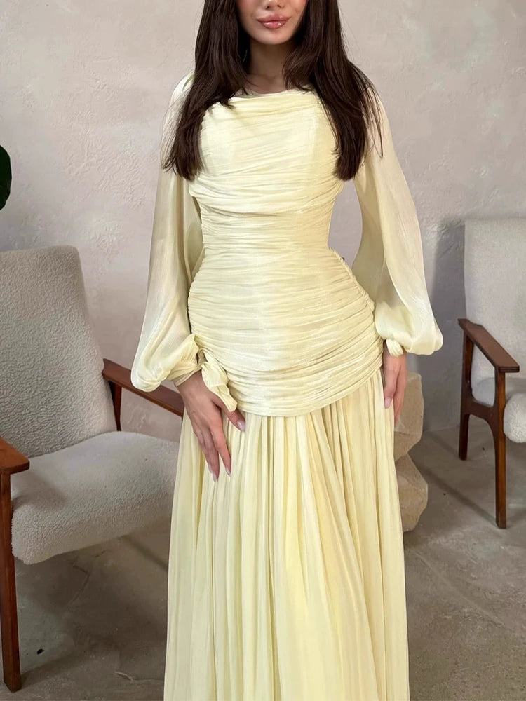 Casual round neck long sleeved pleated design dress with temperament satin high waisted spring and autumn new fashionable dress