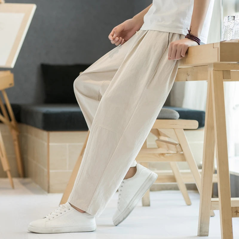 Spring Cotton Linen Pants Men Elastic Waist Casual Harem Pant Loose Sweatpants Traditional Chinese Trousers pantalons homme