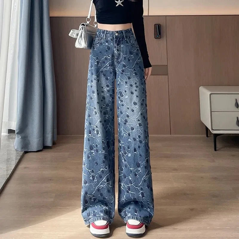 2026 New Embroidered Straight Jeans Women Fashion Denim pants Female Autumn High Waist wide-leg pants Ladies Casual Trousers