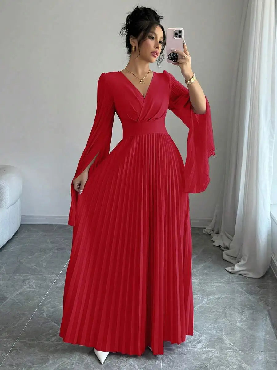 Lavender V-Neck Pleated Maxi Dress with Bell Sleeves Elegant Formal Gown