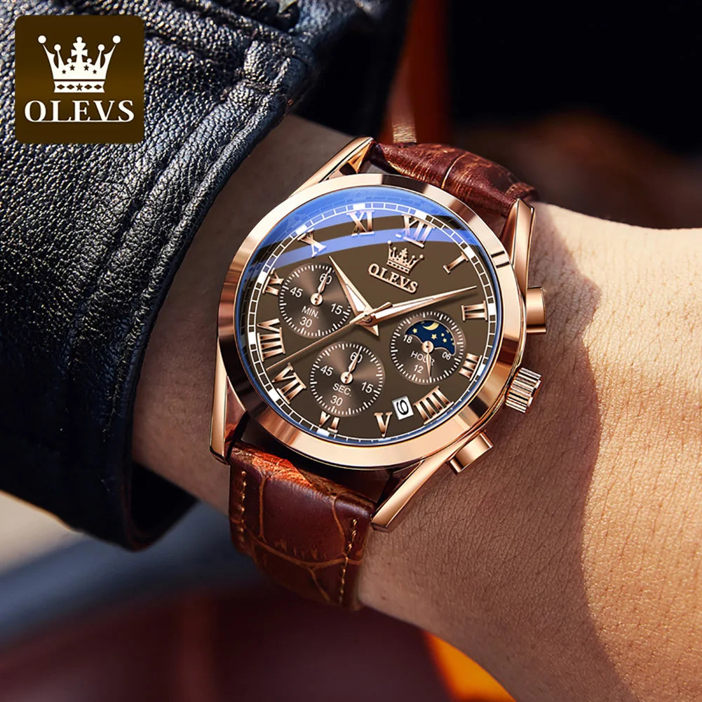 OLEVS 2871 Quartz Watches for Men Fashion Leather Strap 30M Waterproof Chronograph 24 Hour Moon Phase Auto Date Luxury Man Watch