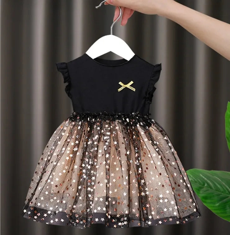 1 to 7 Years 2024 New Baby Black Dress Spring and Summer New Korean Girl Cotton Tutu Skirt Star Net Gauze Princess Dress