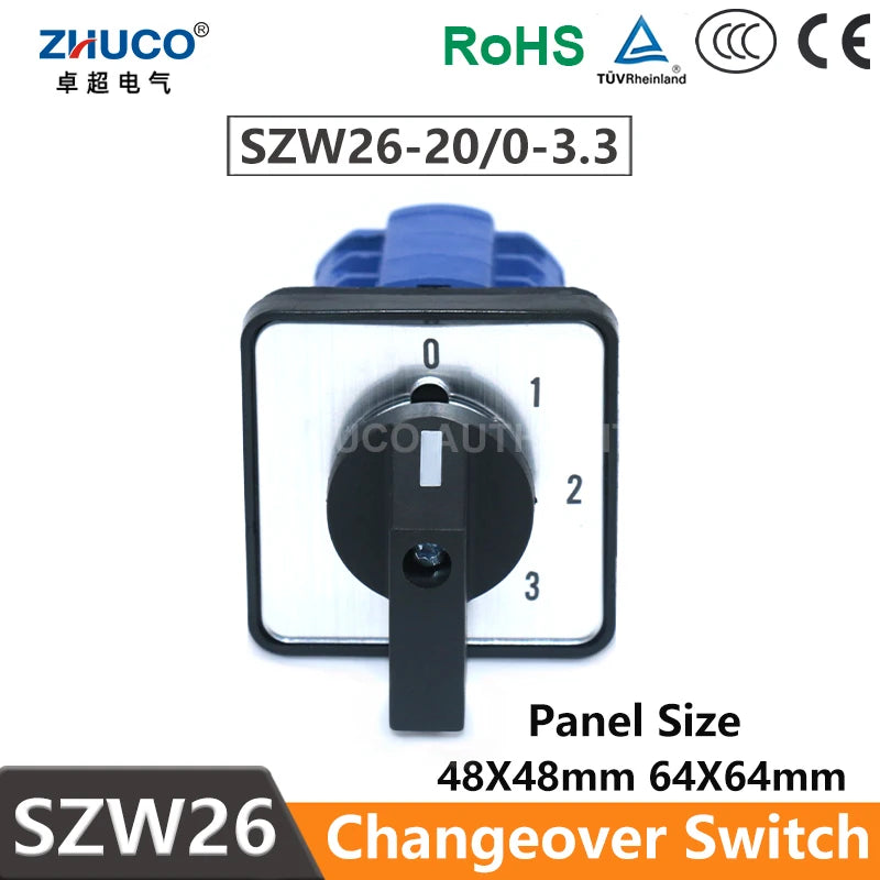 ZHUCO SZW26/LW26-20 Ui 660V 20A 3 Phase 12 Screw Terminals 4 Position Selector Changeover Cam Switch 64X64/48X48 mm Panel Mount