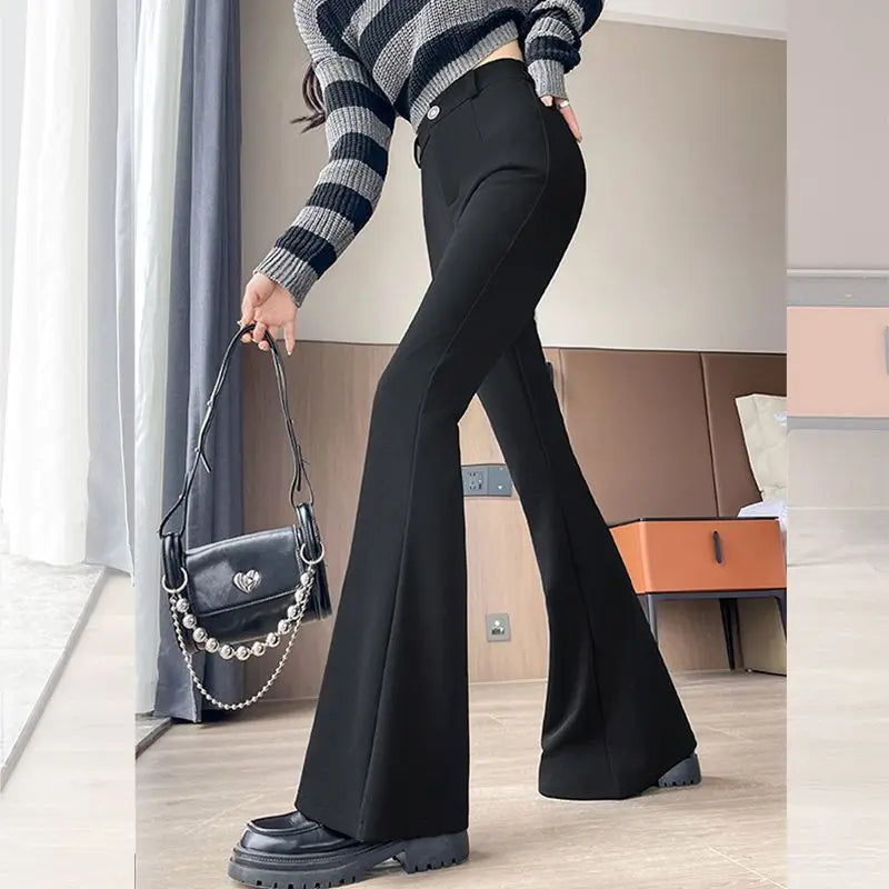 Small Flare-bottom Pants for Women's Spring New Black High-waisted Slim and Stretchy Casual Suit Pants