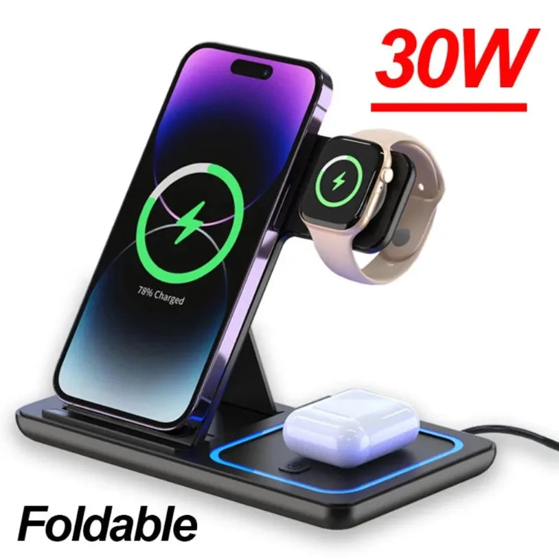 VIKEFON 3 in 1 30W Foldable Wireless Charging Station for iPhone 17-12 Pro Max iWatch Ultra Airpods Pro Fast Charger Stand Dock