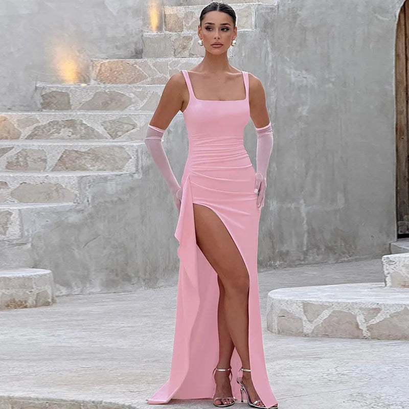 Women's Bodycon Evening Dress, Spaghetti Strap Square Neck Slit Midi Dress Sexy Formal Prom Night Gown Party Dresses