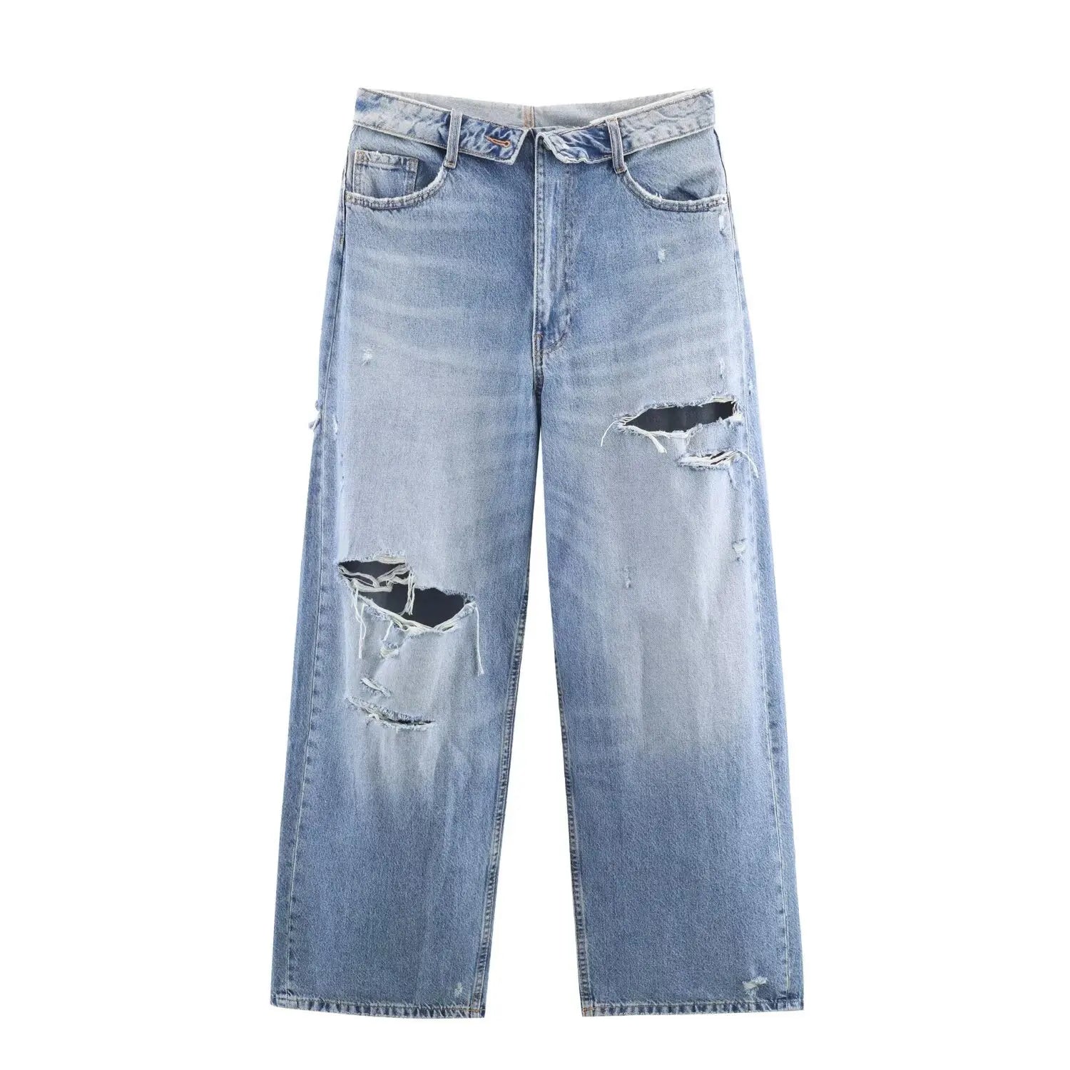 New Autumn/Winter Fashion Casual Mid Waist Hole Solid Color Loose Fit Wide Leg Jeans,3 Colors