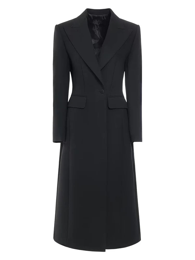 EAM Women Black Slim Ankle Length Blazer New Lapel Long Sleeve Single Button Jacket Fashion Tide Spring Autumn 2026 31A0382