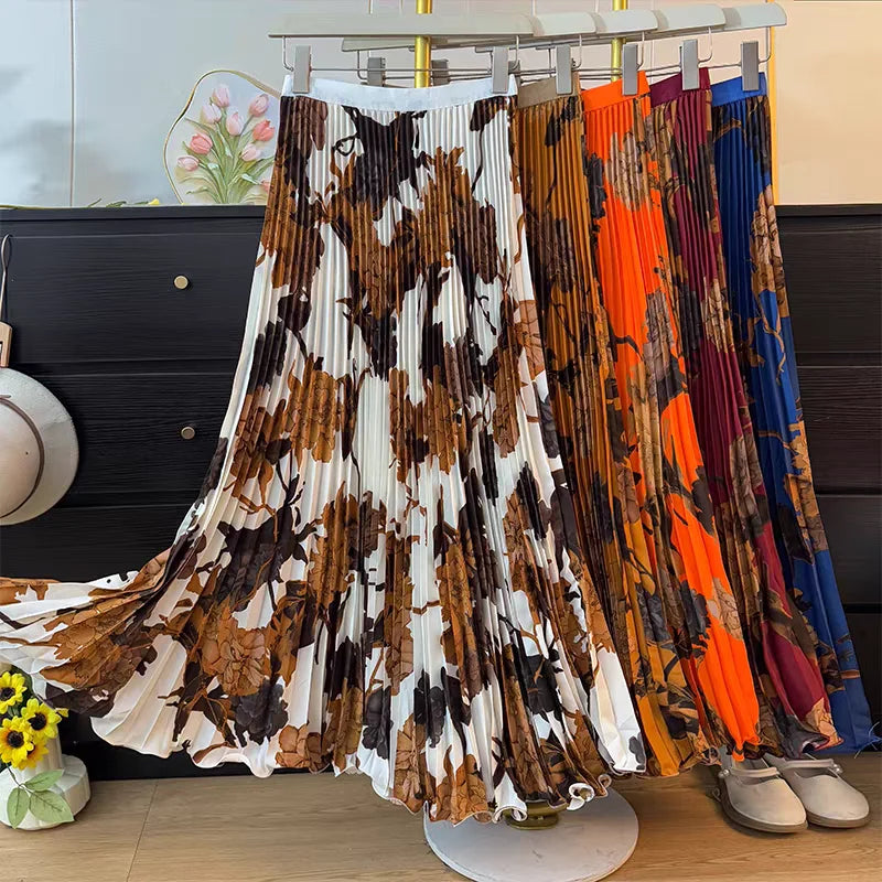 Bohemian Print Beach Skirts Female High Waist Flowy A-Line Pleated Maxi Skirt for Vacation Resort Wear & Spring Fall Fashion