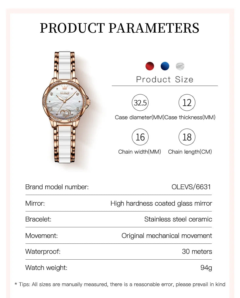 OLEVS 6631 Automatic Watches for Women Elegant Rose Gold Ceramics Strap Diamond Bezel Waterproof Women's Mechanical Wristwatches