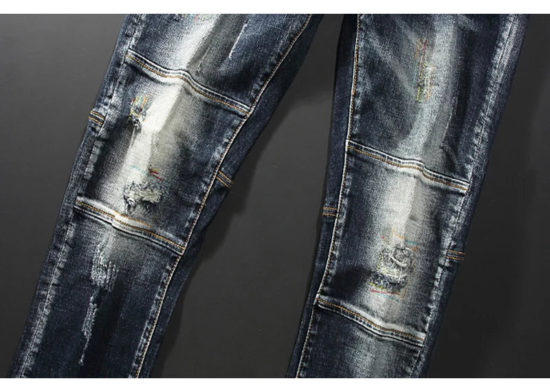 Streetwear Fashion Men Jeans Retro Black Blue Elastic Slim Fit Ripped Jeans Men Spliced Designer Embroidery Hip Hop Denim Pants