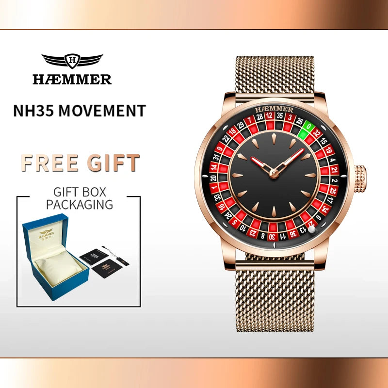 HAEMMER Luxury Men's Mechanical Watch NH35 Men's Roulette Rotary Sapphire Glass Watch Waterproof