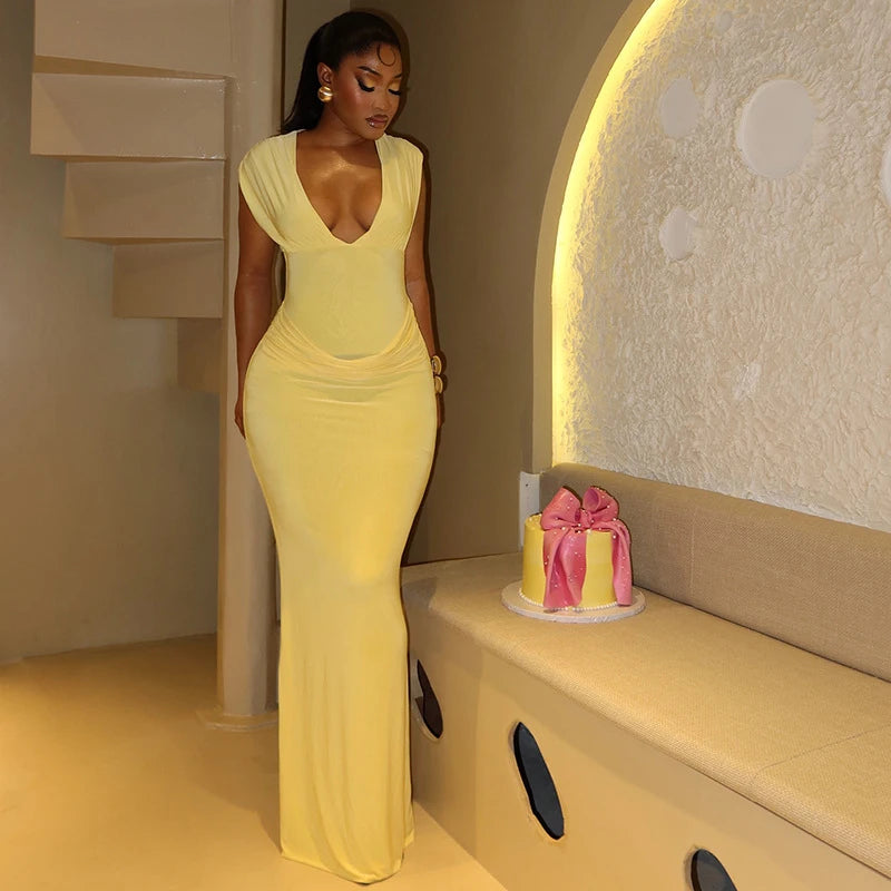 Elegant Deep V-Neck Dress Women Sexy Ruched Sleeveless Basic Stretch Fashion Birthday Party Banquet Bodycon