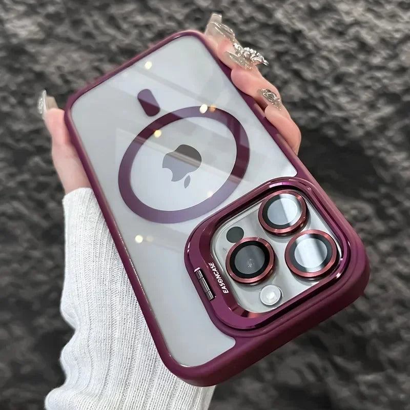 Luxury Glass Lens Protect Magnetic Phone Case For iPhone 16 17 15 14 13 12 11 Pro Max Funda For Magsafe Stand Shockproof Cover