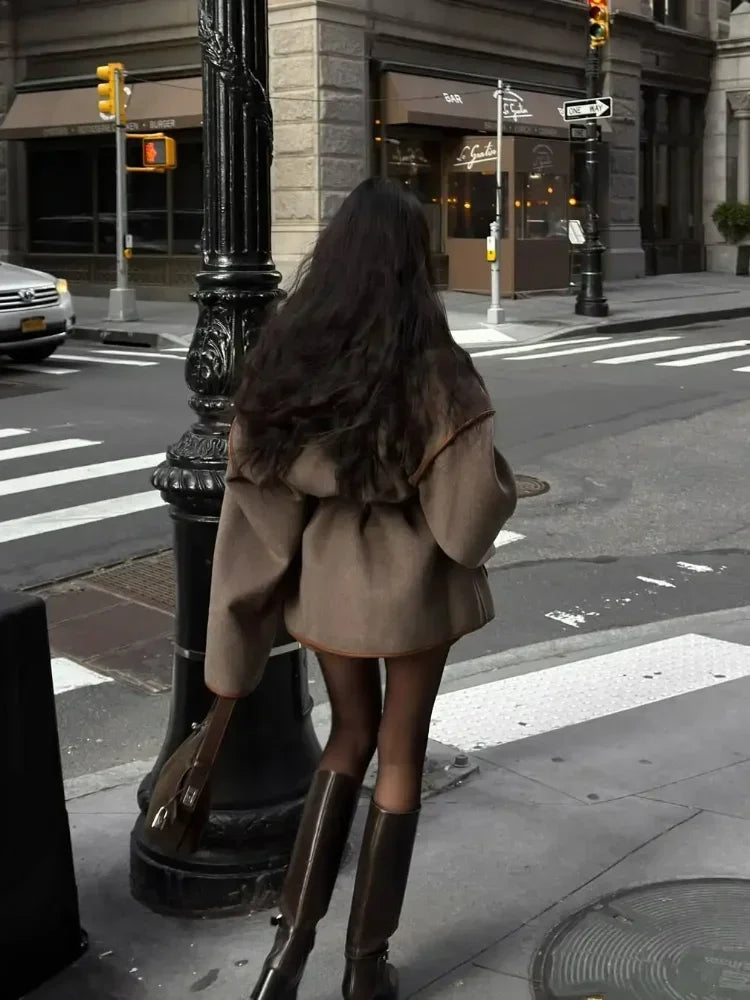 Women's Solid Lace Up Coats Fashion V-neck Loose Woolen Full Sleeves Short Jackets 2025 New Autumn Daily Highstreet Overcoats