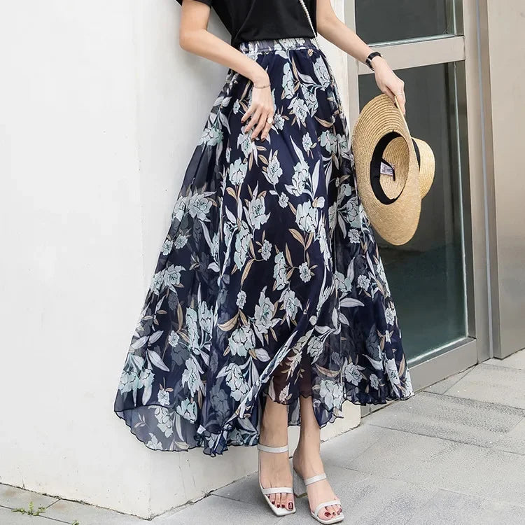 Elegant Skirts for Women Summer New Chiffon Half-body Skirt Crushed Flower Vacation Style Women's Beach Skirt Pleated Skirt
