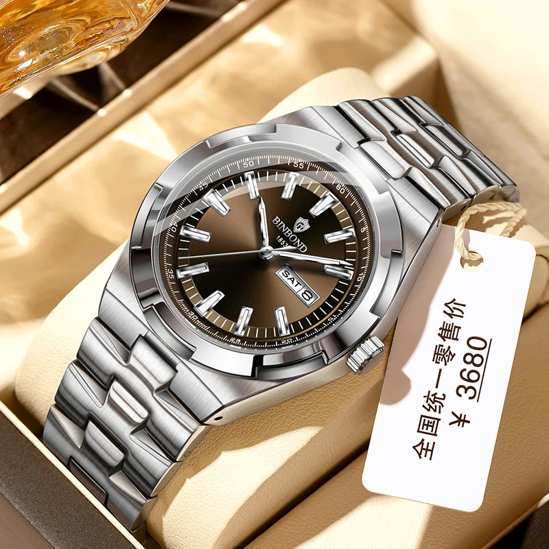 BINBOND Men's Watch Fashion Trend Night Light Calendar Waterproof Business Leisure Steel Strip Men's Watch Watches for man B025