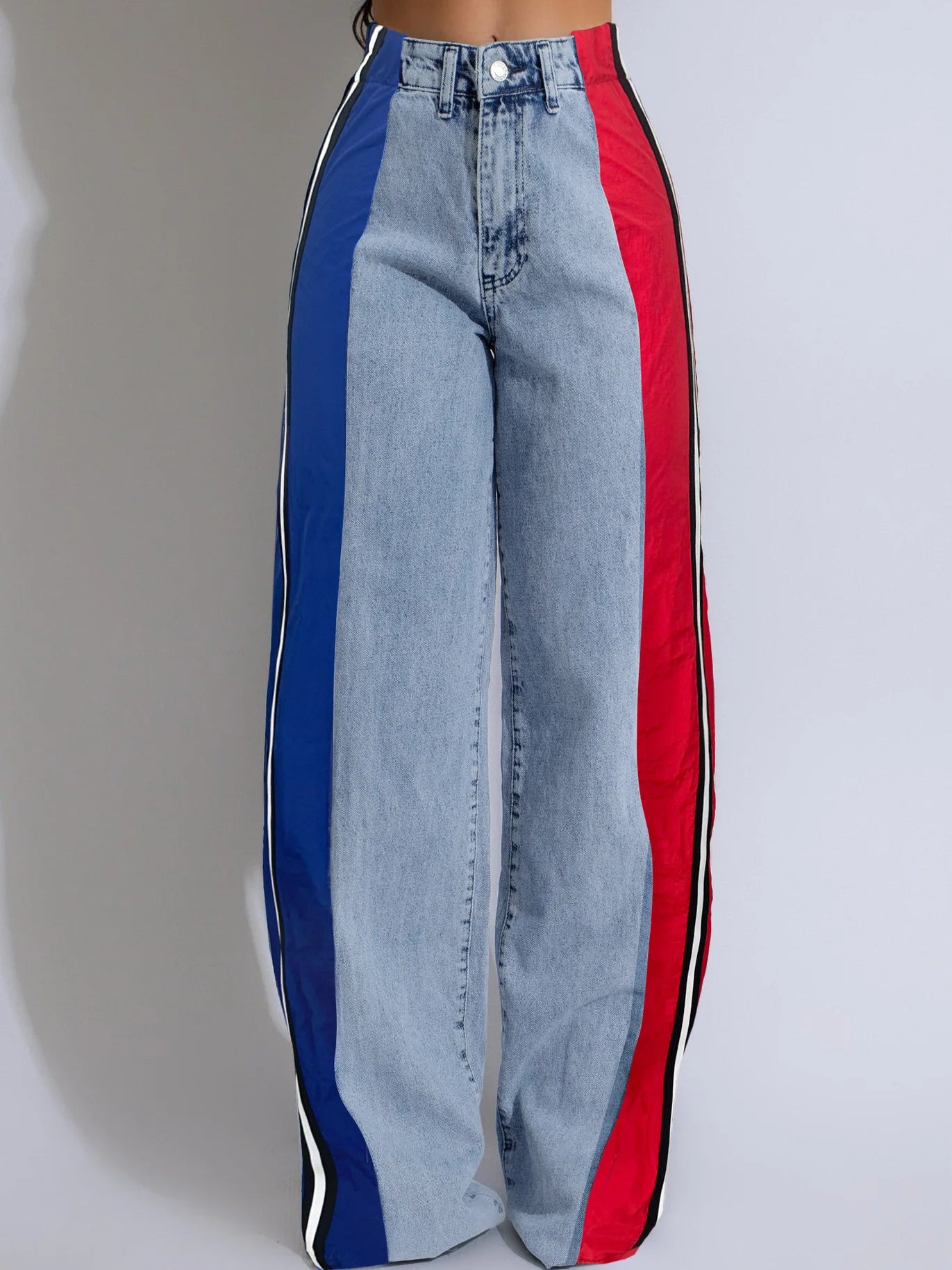 Denim Pants Women Patchwork Spliced Long Pant Mom Straight Button High Waist Casual Jeans Trousers Pocket Lady Y2k Autumn