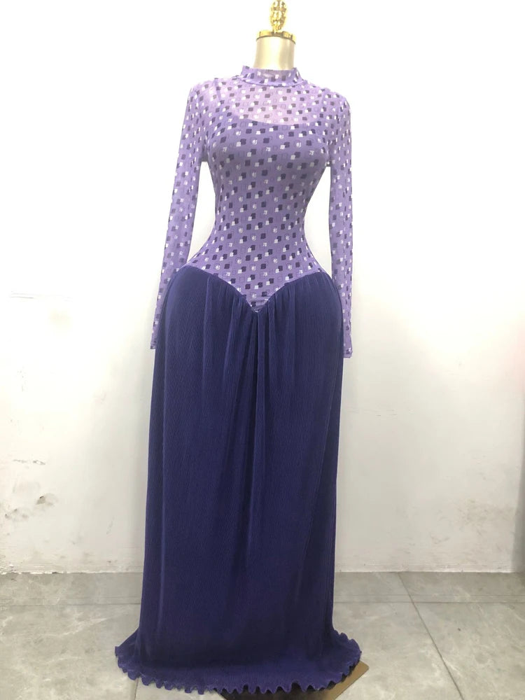 Two Color Patchwork Women Dress Fashion Sheer Mesh Top Long Sleeve Maxi Dress Parties Wear Elegant African Robe with Inner Dress