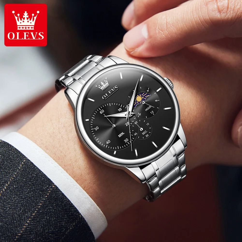 OLEVS Men's Watches Top Brand Business Fashion Fine Steel Original Brand Quartz Wristwatch for Man Moon Phase Chronograph Big