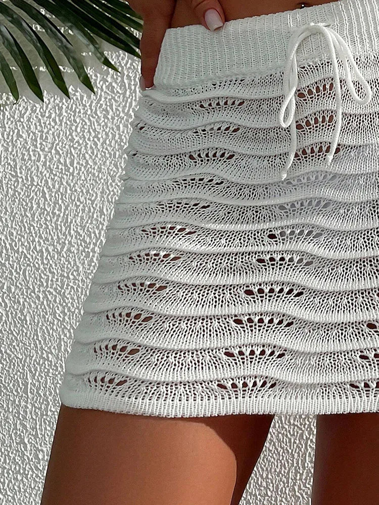Elegant Solid Color Beach Skirt Knitted Bikini Cover up Summer Swimwear Fashionable Hollow out Design Pool Party Accessory