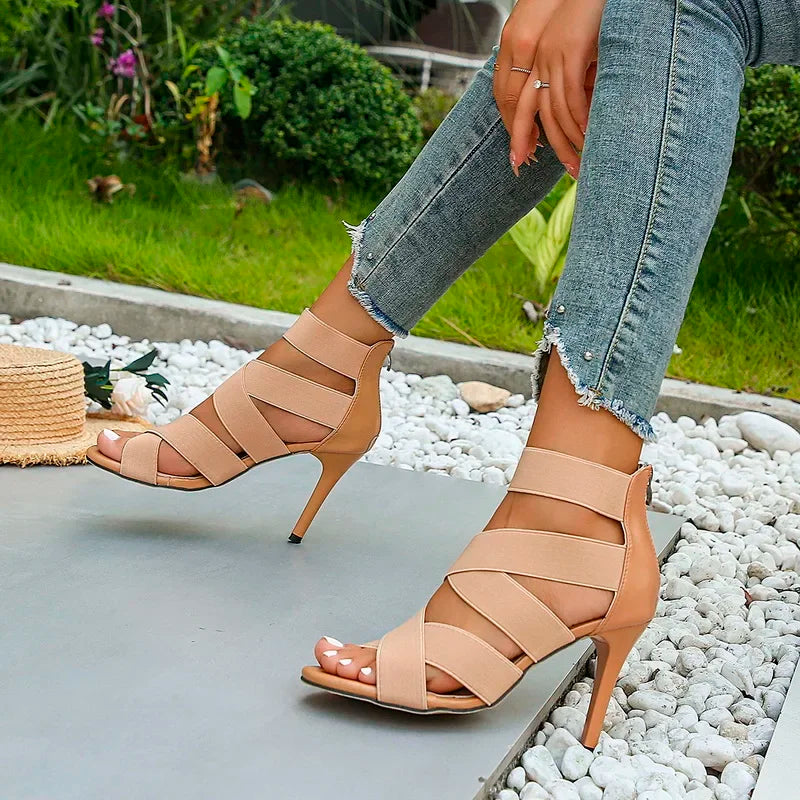 Super High Heel Sandals for Women Sexy Open Toes Elastic Broadband Crossover Zipper Gladiator Shoes Party Wedding Pumps