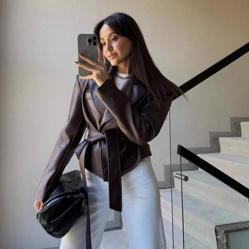 Motorcycle PU Leather Jacket Women 2026 Lace Up Turndown Collar Short Coat Jacket Full Sleeve Soft Leather Jacket New Outwear