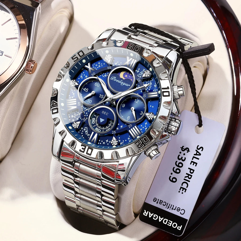 POEDAGAR Luxury Man Wristwatch Waterproof Luminous Chronograph Sports Men Watch Stainless Steel Fashion Quartz Men's Watches+Box