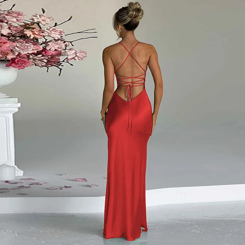 Summer New Fashion Dress Women's Sexy V-Neck Suspender Slit Mid-Length Evening Dress Elegant Party Club Satin Slim Fit