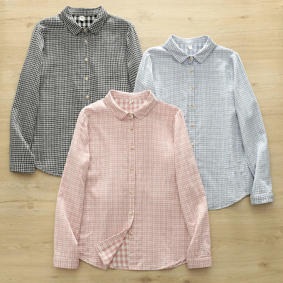 2026 Plus size women clothes mori girl spring summer fresh design pink orange blue check blouses women's plaid shirts