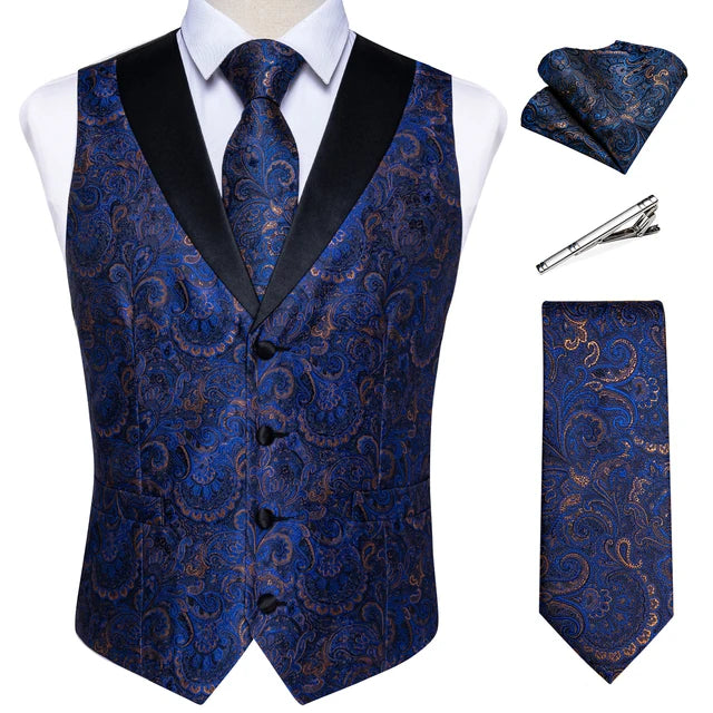 Suit Vest Set For Men Wedding Luxury Gray Paisley Dress Vests Necktie Clip Cufflinks Handkerchief Male Sleeveless Waistcoat Gift