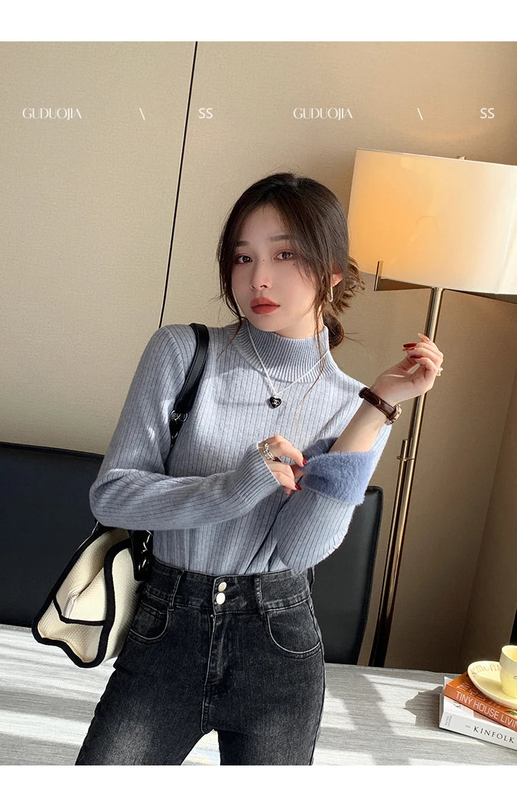 Women's Turtleneck Sweater Winter 2026 Retro with Velvet Lining Thickened Inner Wear Thermal Knitting Bottoming Shirt Pullovers
