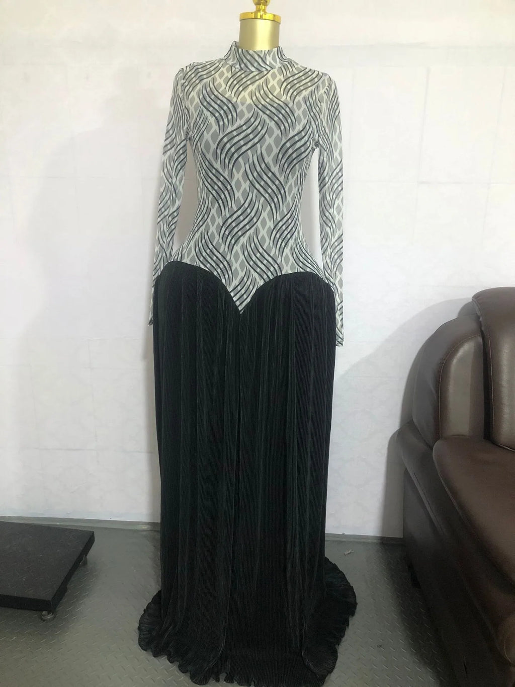 Two Color Patchwork Women Dress Fashion Sheer Mesh Top Long Sleeve Maxi Dress Parties Wear Elegant African Robe with Inner Dress