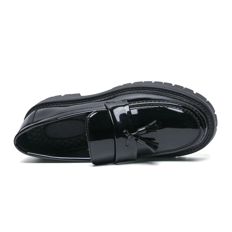 High-end luxury leather shoes for men British height-increasing thick-soled trendy shiny surface casual loafers on one foot