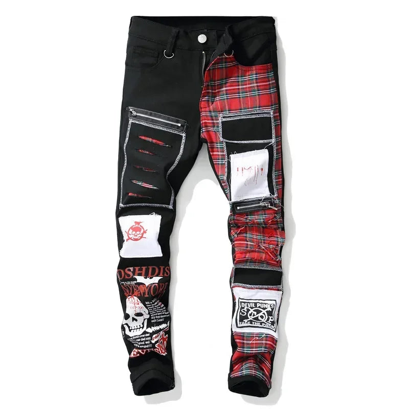 Mens Black Jeans High-quality Street Cotton Fashion Patchwork Jeans Men Stretch Street Hip Hop Slim Fit Holes Punk Denim Pants