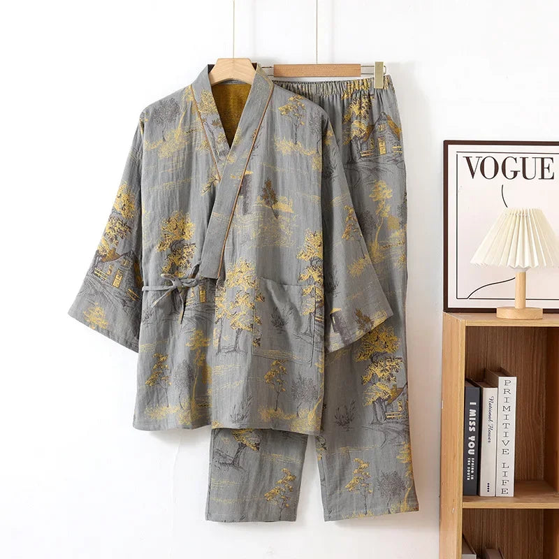 Men's Roomwear Cotton Kimono Pajamas Robes for Spring Jacquard Printed Home Clothing Medium Length Oversized Breathable Bathrobe